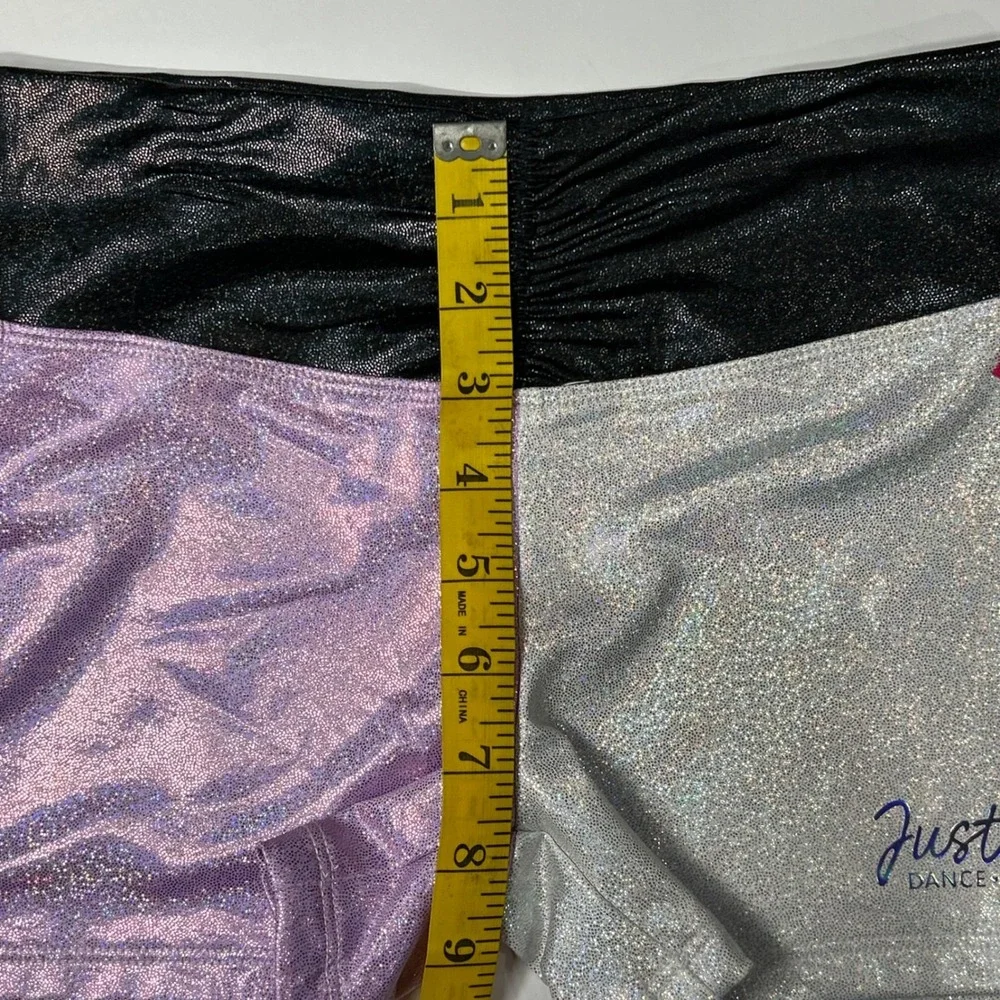 Justice Girls Iridescent Purple Silver Black Foil Dance Gym Shorts Size M 10 New